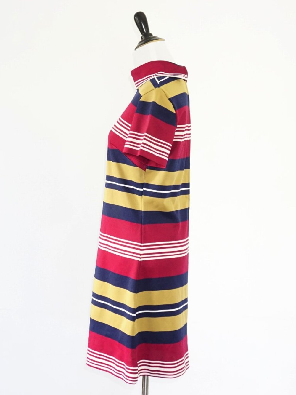Vintage 60s Striped Short Sleeve High Collar A Line Dress S - Picture 4 of 6
